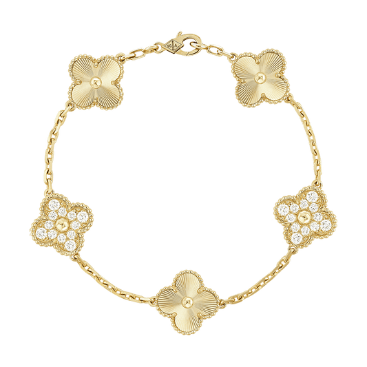 18K Vintage Alhambra Five Motifs Diamonds Clover Bracelet