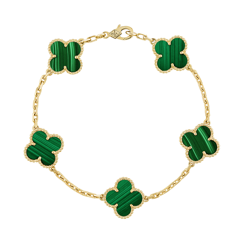 18K Vintage Alhambra Five Motifs Malachite Clover Bracelet